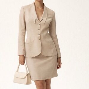 Thierry Mugler Blazer Skirt Set VTG Linen Blend Brushed Silver Snaps Lined Sz 38